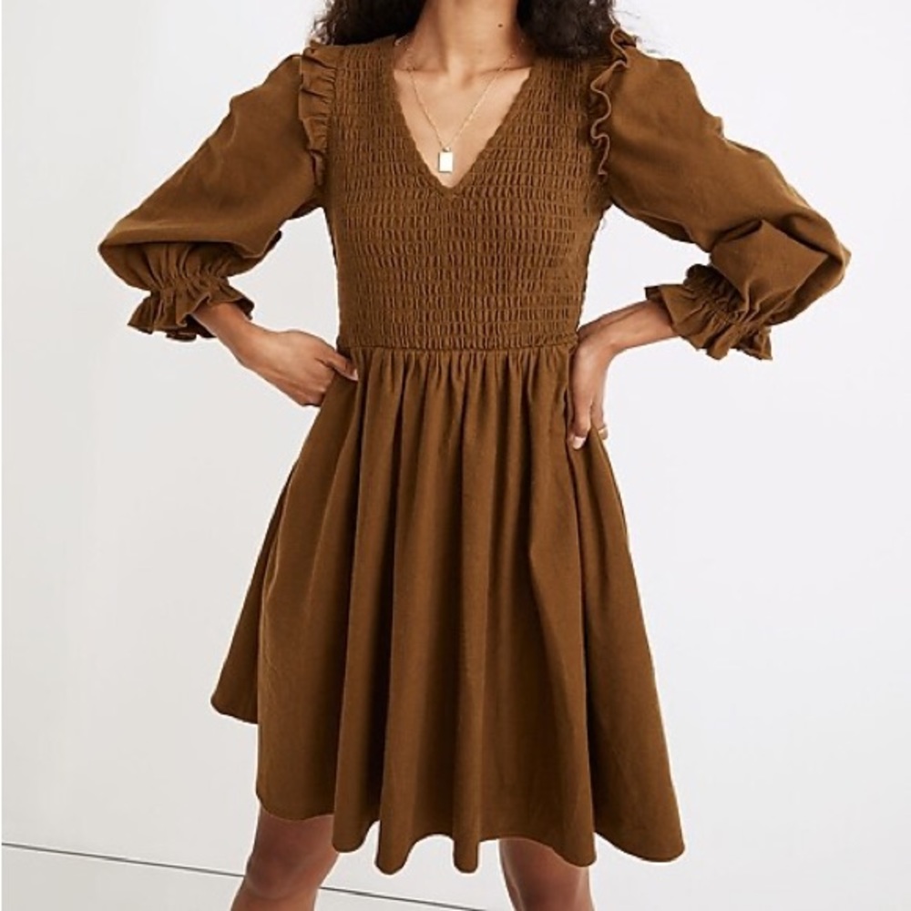 Madewell Flannel Lucie V-Neck Smocked Mini Dress